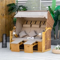 Outsunny Leżak plażowy dla 3 osób z daszkiem, 2 składanymi stolikami, podnóżkiem, chaise longue, 5-stopniowym oparciem, XXL, Polyrattan, naturalny, 150 x 79 x 160 cm(m-10)