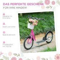 HOMCOM Kinderroller Tretroller mit Bremse, inkl. Korb, höhenverstellbar, für Kinder von 5 bis 12 Jahren, Weiß + Pink(m-5)