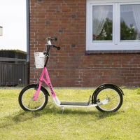 HOMCOM Kinderroller Tretroller mit Bremse, inkl. Korb, höhenverstellbar, für Kinder von 5 bis 12 Jahren, Weiß + Pink(m-10)