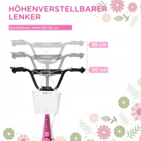 HOMCOM Kinderroller Tretroller mit Bremse, inkl. Korb, höhenverstellbar, für Kinder von 5 bis 12 Jahren, Weiß + Pink(m-4)