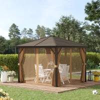Outsunny 3 x 3(m) Metal Hardtop Gazebo, with Curtains and Accessories - Brown(m-2)