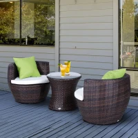 Outsunny 3-Piece Outdoor Rattan Bistro Set, Patio Wicker Balcony Furniture, Assembled Conservatory Vase Chair Stackable Furniture Set with Cushions Brown(m-2)