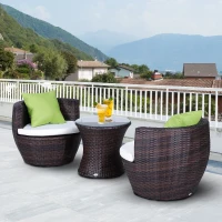 Outsunny 3-Piece Outdoor Rattan Bistro Set, Patio Wicker Balcony Furniture, Assembled Conservatory Vase Chair Stackable Furniture Set with Cushions Brown(m-10)