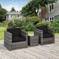 Outsunny 3 Pieces Rattan Bistro Set, Wicker Garden Furniture Set with Glass Top Coffee Table and Chairs, Thickened Washable Cushions for Outdoor, Patio, Balcony, Grey(m-10)