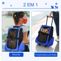 PawHut Transportadora 2 em 1 para Animais de Estimação Mochila ou Carrinho de Viagem para Cães e Gatos com 2 Rodas Alça Retrátil de Alumínio e Bolso de Armazenamento 42x25x55cm Azul(m-4)