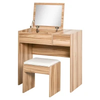 HOMCOM Makeup Desk with Drawer, Vanity Table Set with Flip-up Mirror and Cushioned Stool, Natural(m-13)