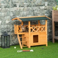 PawHut Katzenhaus mit Asphaltdach, 2-stöckig, Katzenhütte mit Balkon, Katzenvilla mit Treppe, Massivholz, Natur, 77 x 50 x 73 cm(m-2)