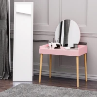 HOMCOM Toucador Vintage com Espelho Redondo Mesa de Maquilhagem com Gaveta e Pés de Madeira Inclinadas para Dormitório 76x48x123,5cm Rosa(m-11)