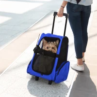PawHut Transportadora 2 em 1 para Animais de Estimação Mochila ou Carrinho de Viagem para Cães e Gatos com 2 Rodas Alça Retrátil de Alumínio e Bolso de Armazenamento 42x25x55cm Azul(m-2)