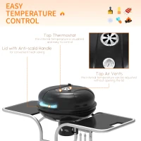 Outsunny Portable Charcoal Kettle Grill Outdoor Barbecue Trolley BBQ Heat Smoker Grilling with Two wheels, Free Standing Black(m-5)