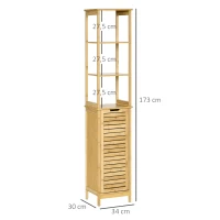 kleankin Coluna Casa de Banho de Bambú Coluna Alta para Casa de Banho com 3 Prateleiras e 1 Porta Móvel de Armazenamento para Sala de Estar Cozinha 34x30x173cm Natural(m-3)