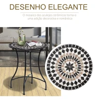 Outsunny Mesa de Jardim Redonda Mesa de Mosaico com Superfície de Cerâmica e Estrutura de Metal Carga Máx. 50kg para Pátio Terraço Exterior Ø60x71 cm Preto(m-4)