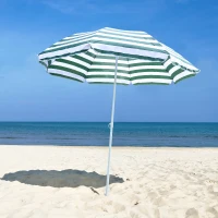 Outsunny 1.8m Beach Parasol Umbrella with Tilt Canopy, Lightweight Patio Garden Sunshade with 8 Ribs, Green & White Stripe(m-2)