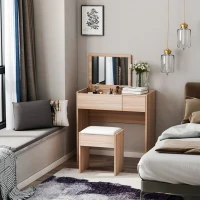 HOMCOM Makeup Desk with Drawer, Vanity Table Set with Flip-up Mirror and Cushioned Stool, Natural(m-2)