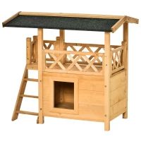 PawHut Katzenhaus mit Asphaltdach, 2-stöckig, Katzenhütte mit Balkon, Katzenvilla mit Treppe, Massivholz, Natur, 77 x 50 x 73 cm(m-11)