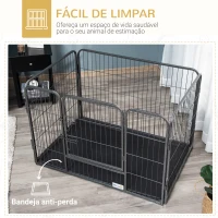 PawHut Barreira de Segurança para Animais de Estimação Parque de Diversão para Animais com 4 Painéis de Aço 109x74x71cm com Porta de Trava Dupla e Bandeja Removível para Exterior Interior Cinza(m-6)
