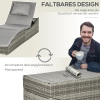 Outsunny Sonnenliege 2-in-1 Polyrattan Gartenliege Rattanliege Gartenmöbel Liege mit Polsterauflage 5 Stufen verstellbar klappbar Hellgrau 200 x 60 x 40 cm(m-7)