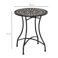 Outsunny Mesa de Jardim Redonda Mesa de Mosaico com Superfície de Cerâmica e Estrutura de Metal Carga Máx. 50kg para Pátio Terraço Exterior Ø60x71 cm Preto(m-3)