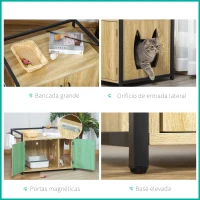 PawHut Casa para Gatos de Madeira Móvel Caixa de Areia para Gatos 2 em 1 com Armário de Armazenamento Bancada Ampla 2 Portas de Entrada lateral e Barra 82,3x51x54cm Natural(m-5)