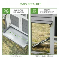 PawHut Galinheiro de Madeira para Exterior Gaiola para 2-3 Galinhas com Cercado de Arame Teto Abatível Caixa Ninho Bandeja Removível e Rampa 150,5x54x87cm Cinza e Branco(m-7)