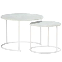 Outsunny Tavolini da Salotto, Set 2 Pezzi con Piano Effetto Marmo in Metallo, Bianco(m-11)