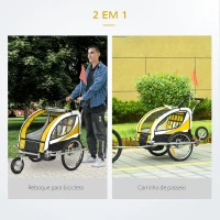 HOMCOM Reboque de Bicicleta para Crianças 2 em 1 com 2 Lugares Convertível em Carrinho de Passeio com Roda Dianteira Giratória 360° Amarelo(m-4)