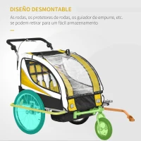 HOMCOM Reboque de Bicicleta para Crianças 2 em 1 com 2 Lugares Convertível em Carrinho de Passeio com Roda Dianteira Giratória 360° Amarelo(m-6)