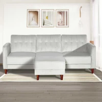 HOMCOM Sofá Cama con Chaise Longue de 3 Plazas Convertible con Reposapiés Movible Respaldo Ajustable y Reposabrazos Tacto Aterciopelado 218x85x86 cm Gris Claro(m-8)