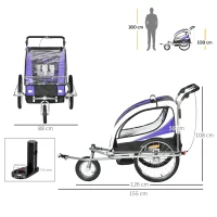 HOMCOM Reboque de Bicicleta para Crianças 2 em 1 com 2 Lugares Convertível em Carrinho de Passeio com Roda Dianteira Giratória 360° Roxo(m-3)