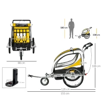 HOMCOM Reboque de Bicicleta para Crianças 2 em 1 com 2 Lugares Convertível em Carrinho de Passeio com Roda Dianteira Giratória 360° Amarelo(m-3)