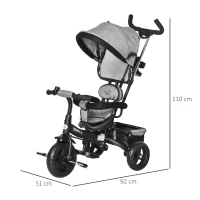 HOMCOM Triciclo Evolutivo para Bebés 6 en 1 Triciclo para Niños de 1-5 Años Bicicleta para Niños con Toldo Plegable Mango Telescópico Desmontable Cinturón de Seguridad y Cesto 95x50x106 cm Gris Claro(m-3)