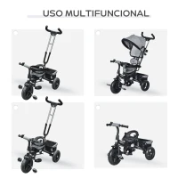 HOMCOM Triciclo Evolutivo para Bebés 6 en 1 Triciclo para Niños de 1-5 Años Bicicleta para Niños con Toldo Plegable Mango Telescópico Desmontable Cinturón de Seguridad y Cesto 95x50x106 cm Gris Claro(m-6)