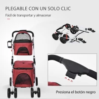 PawHut Cochecito para Mascotas Plegable con Solo un Clic Carrito para Perros Desmontable con 2 Niveles Ruedas Giratorias Frenos Ventana y Bolsillos 82x48x92 cm Rojo(m-4)
