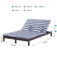 Outsunny Polyrattan Doppelliege Sonnenliege Gartenliege für 2 Personen Relaxliege Luxus Lounge 5-stufige Rückenlehne Metall PE Rattan Blau+Weiß 196 x 120 x 28 cm(m-3)