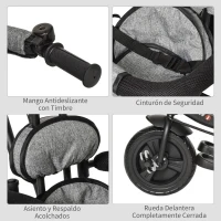 HOMCOM Triciclo Evolutivo para Bebés 6 en 1 Triciclo para Niños de 1-5 Años Bicicleta para Niños con Toldo Plegable Mango Telescópico Desmontable Cinturón de Seguridad y Cesto 95x50x106 cm Gris Claro(m-5)
