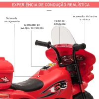 HOMCOM Mota Elétrica para Crianças de 18-36 Meses Motocicleta Infantil com 3 Rodas e Bateria 6V com Música Buzina Farol Baú 80x35x52cm Vermelho(m-4)