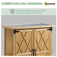 Outsunny Armário de Madeira de Jardim 75x40x90cm 0,24m² para Armazenamento de Ferramentas com 2 Portas 4 Prateleiras e Teto Galvanizado para Exterior Terraço Natural(m-5)