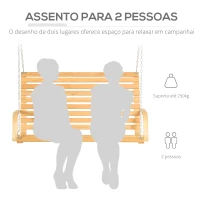 Outsunny Banco Baloiço de Madeira de 2 Lugares Baloiço Suspenso Carga Máxima 250kg para Jardim Terraço Balcão Exterior 141,5x51x78cm Natural(m-4)