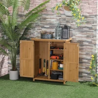 Outsunny Armário de Madeira de Jardim 75x40x90cm 0,24m² para Armazenamento de Ferramentas com 2 Portas 4 Prateleiras e Teto Galvanizado para Exterior Terraço Natural(m-2)
