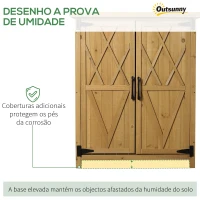 Outsunny Armário de Madeira de Jardim 75x40x90cm 0,24m² para Armazenamento de Ferramentas com 2 Portas 4 Prateleiras e Teto Galvanizado para Exterior Terraço Natural(m-6)