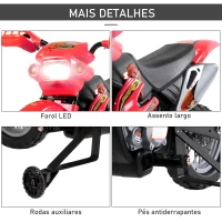 HOMCOM Mota Elétrica para Crianças Bateria 6V para Crianças acima de 3 Anos com Rodas de Apoio 102x53x66 cm Vermelho e Preto(m-4)