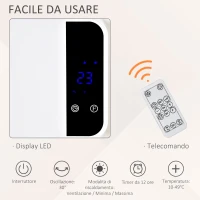 HOMCOM Stufa Elettrica da Parete con Telecomando, Temperatura Regolabile e Timer 12 Ore, Potenza 1000W/2000W, 56x11.5x18.5cm, Bianco(m-5)