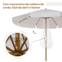 Outsunny Chapéu de Sol de Jardim Ø325x250 cm Chapéu de Sol de Madeira com Sistema de Polea Teto com Ventilação e 8 Hastes de Bambú para Terraço Balcão Exterior Bege(m-5)