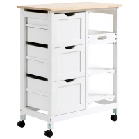 HOMCOM Carro de Cocina Carrito Auxiliar con Ruedas Tablero de Madera 3 Cajones 2 Estantes Abiertos y Bandeja Extraíble para Comedor Salón 67x37x85,5 cm Blanco(m-11)