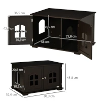 PawHut Casa para Gatos de Madeira Móvel para Caixa de Areia para Gatos 2 em 1 com Armário de Armazenamento Ampla Bancada 2 Portas com Janelas e Orifício de Entrada Lateral 80,3x52,6x48,8 cm Café(m-3)