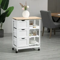 HOMCOM Carro de Cocina Carrito Auxiliar con Ruedas Tablero de Madera 3 Cajones 2 Estantes Abiertos y Bandeja Extraíble para Comedor Salón 67x37x85,5 cm Blanco(m-2)