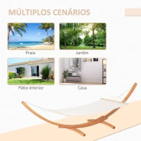 Outsunny Cama Rede com Suporte de Madeira Cama Rede de Jardim Suspensa com Estrutura e Tecido de Algodão 200x120cm para Terraço Balção Carga Máxima 150kg 392x120x102cm Branco e Natural(m-7)
