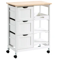 HOMCOM Carro de Cocina Carrito Auxiliar con Ruedas Tablero de Madera 3 Cajones 2 Estantes Abiertos y Bandeja Extraíble para Comedor Salón 67x37x85,5 cm Blanco(m-1)