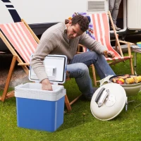 Outsunny Geleira Termoelétrico Portátil 24L Geleira Elétrica para Carro com Função de Resfriamento e Aquecimento 220-240V/12V DC para Campismo Piquenique Viagens 40x30x43cm Azul(m-2)