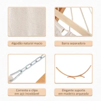 Outsunny Cama Rede com Suporte de Madeira Cama Rede de Jardim Suspensa com Estrutura e Tecido de Algodão 200x120cm para Terraço Balção Carga Máxima 150kg 392x120x102cm Branco e Natural(m-6)